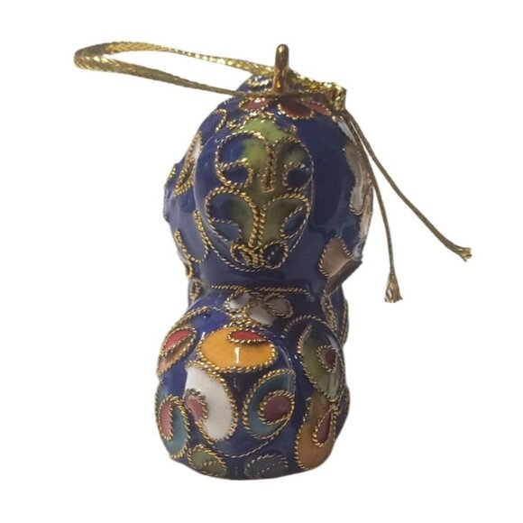 Cloisonné Enamel Blue Dog Ornament With Gold Accents & Floral Pattern - Picture 3 of 8